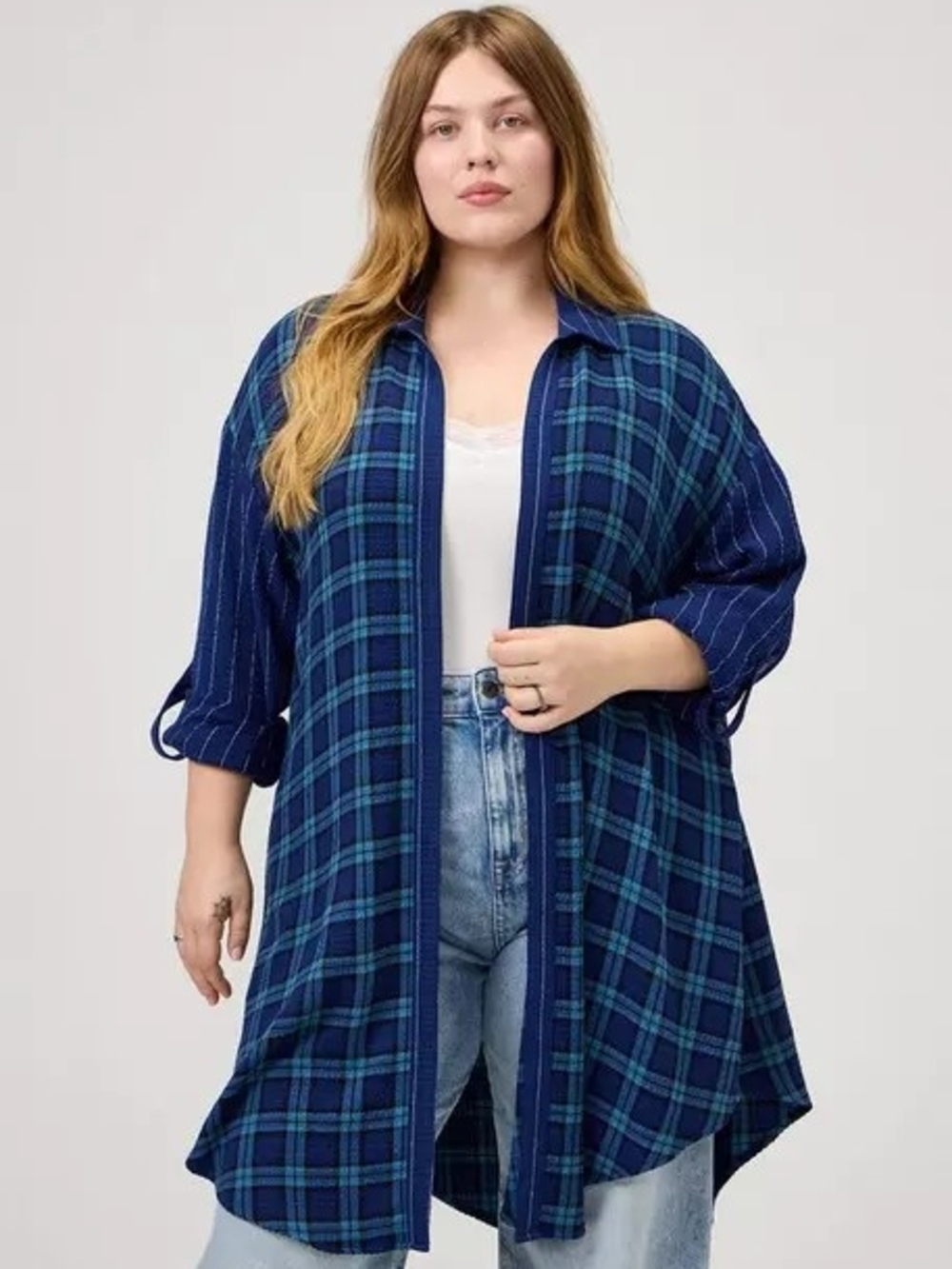 NWT TORRID 2X Oversized Shirt Kimono~Sandy plaid navy